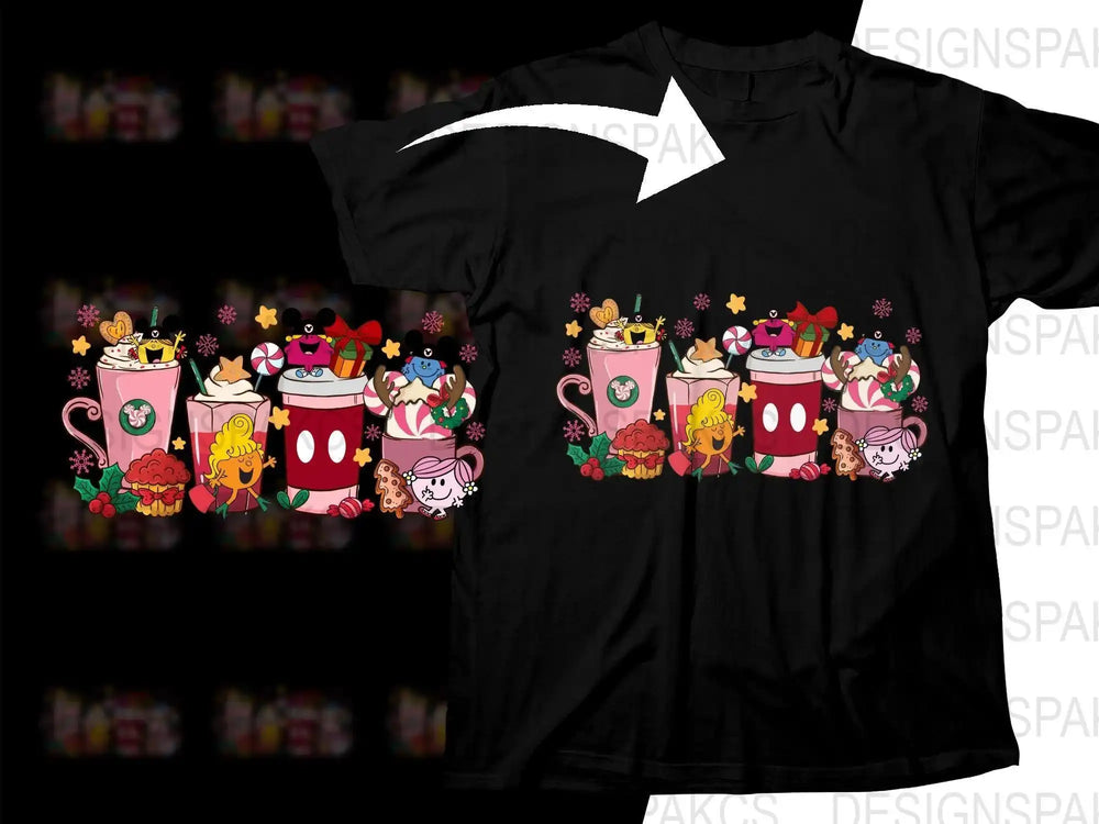 Holiday-themed t-shirt design with cute mugs, cookies, and festive characters for DTF/DTG printing