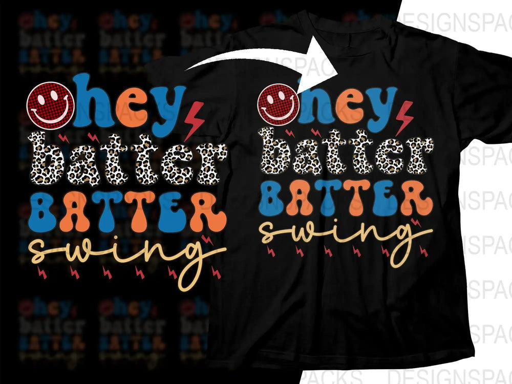 Hey Batter Batter Swing t-shirt design with leopard print and colorful text