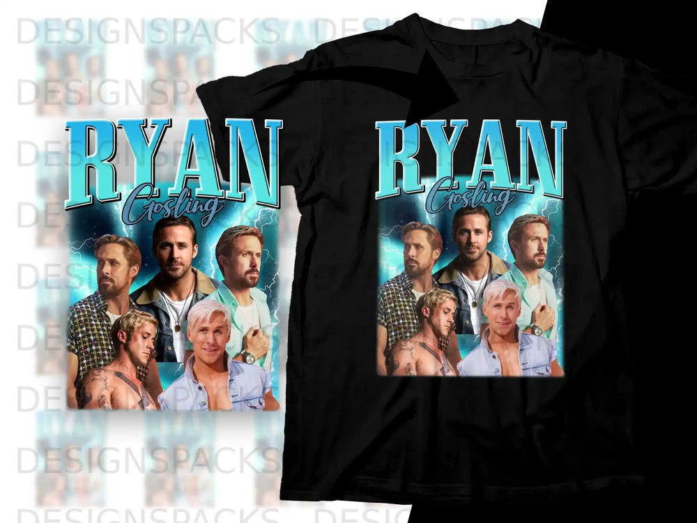Ryan Gosling collage on a black t-shirt design.