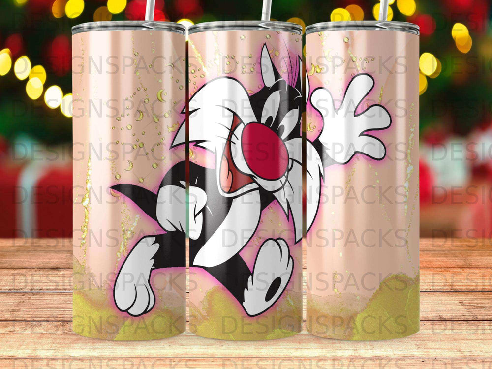 Cartoon cat character, Sylvester, on a patterned tumbler.