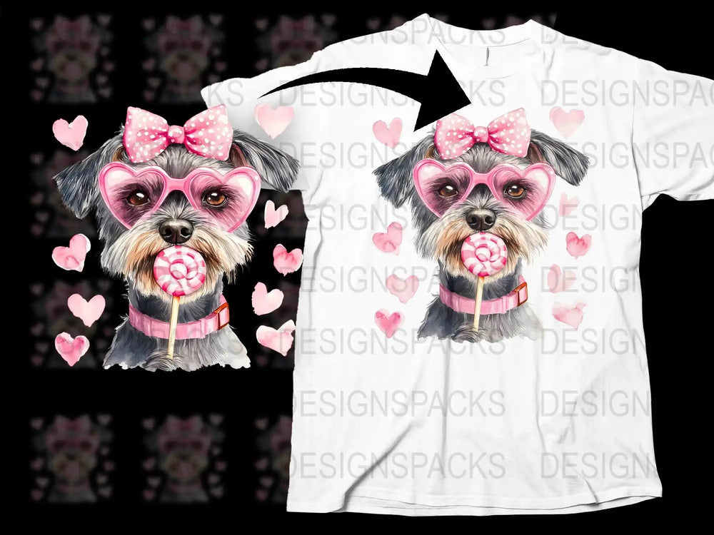 Cute Yorkie with pink heart glasses, bow, and lollipop, print-ready for t-shirts, DTF, DTG, embroidery