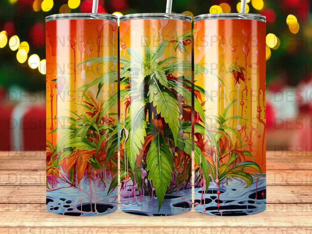 Three tumblers featuring colorful tropical plants and dripping colors.