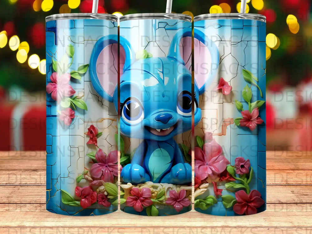 Blue cartoon mouse character with flowers and a light blue striped background.