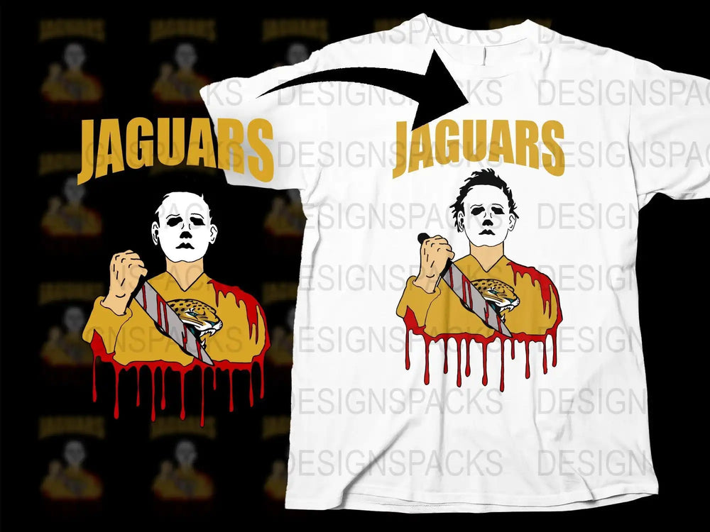 Jaguars Halloween t-shirt design with Michael Myers holding knife, blood drip, print-ready PNG SVG
