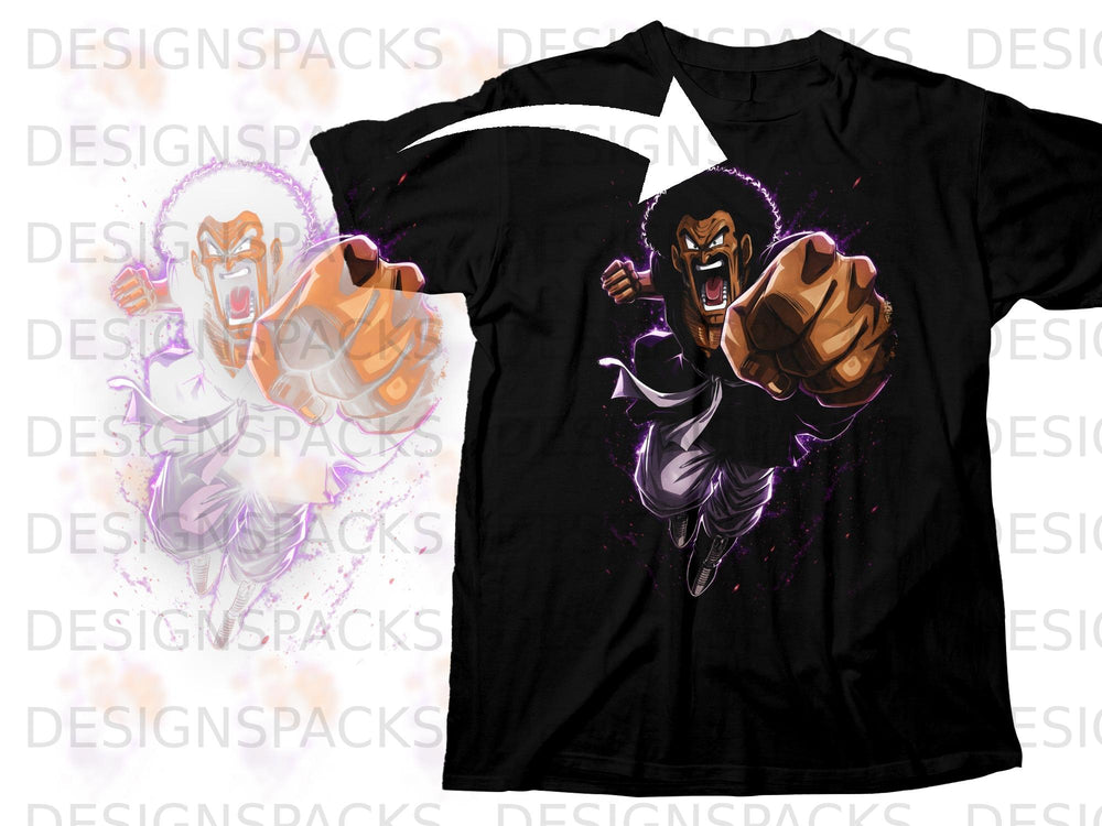 Anime character with an afro and energetic aura on a black t-shirt.