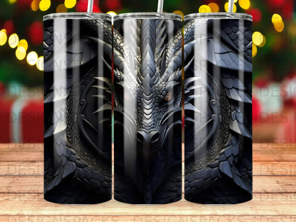 Dark dragon head design with scales and glowing yellow eyes on a tumbler.