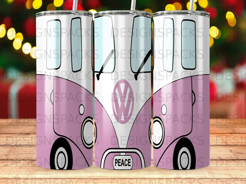 Pink and white bus design with "PEACE" text on a tumbler.