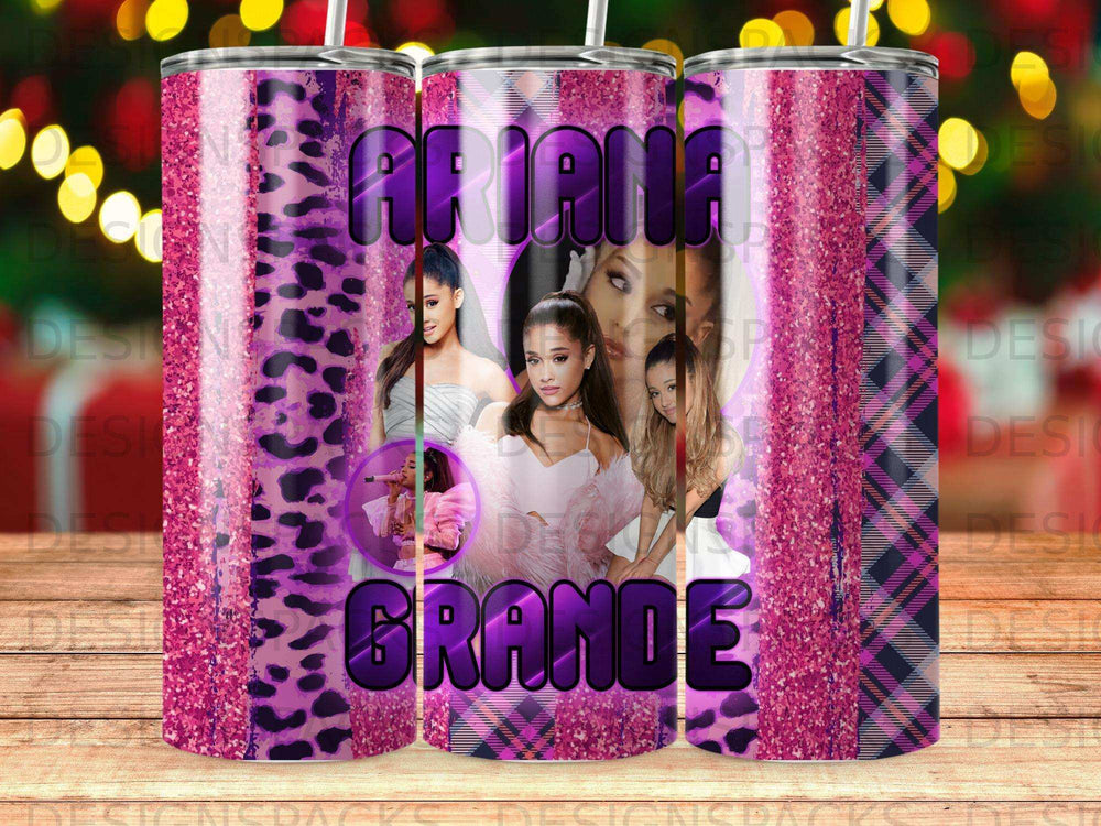 Ariana Grande "Grande" text and singer images on purple glitter and plaid tumbler.