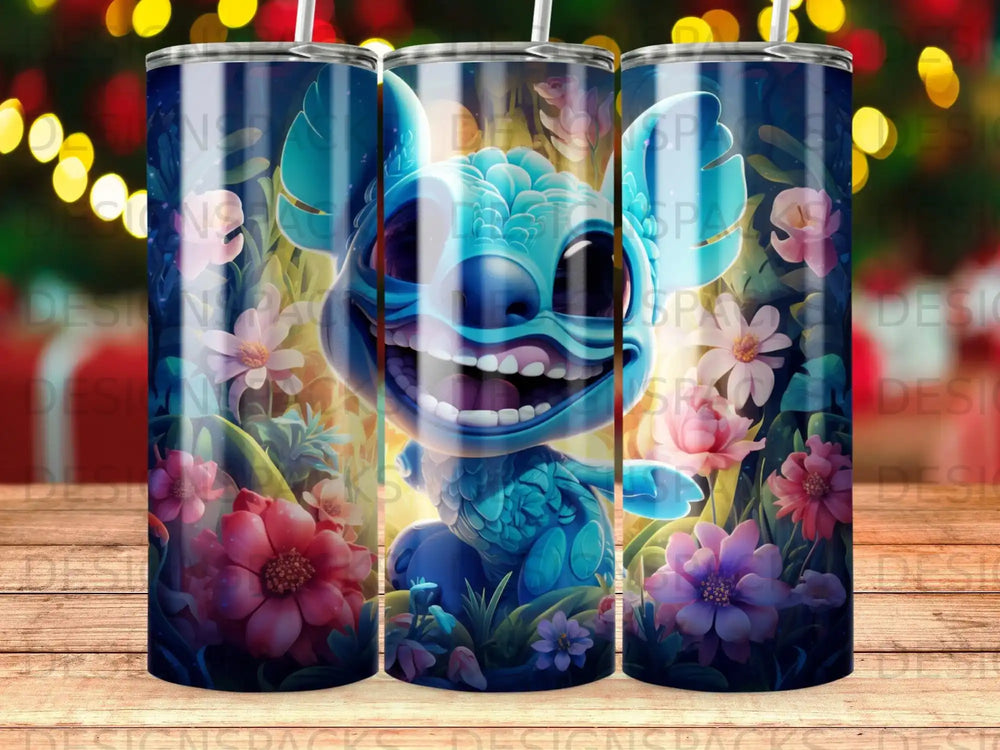 Stitch character with flowers and nature background on a tumbler.