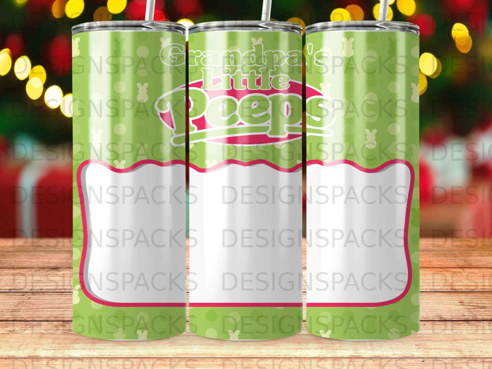 Green tumbler with colorful "Little Peeps" text and a checkered pattern.
