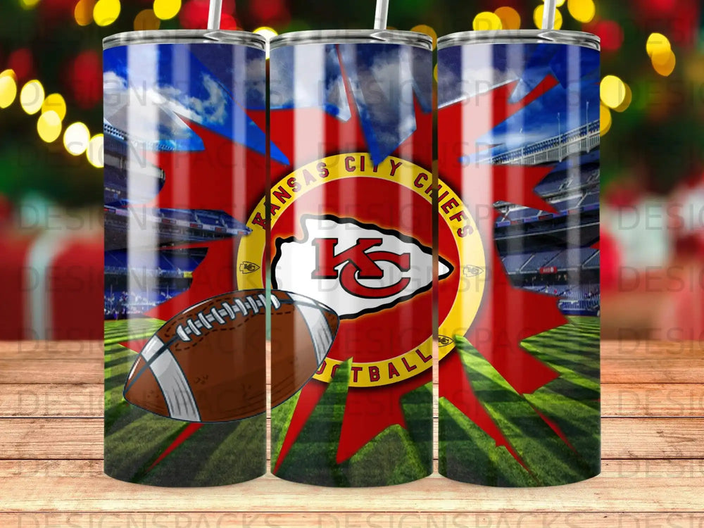 Kansas City Chiefs football helmet and stadium on a festive tumbler.