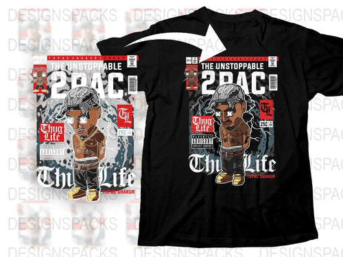 2Pac Thug Life comic-style t-shirt design, print-ready for DTG/DTF, featuring Tupac Shakur cartoon graphic