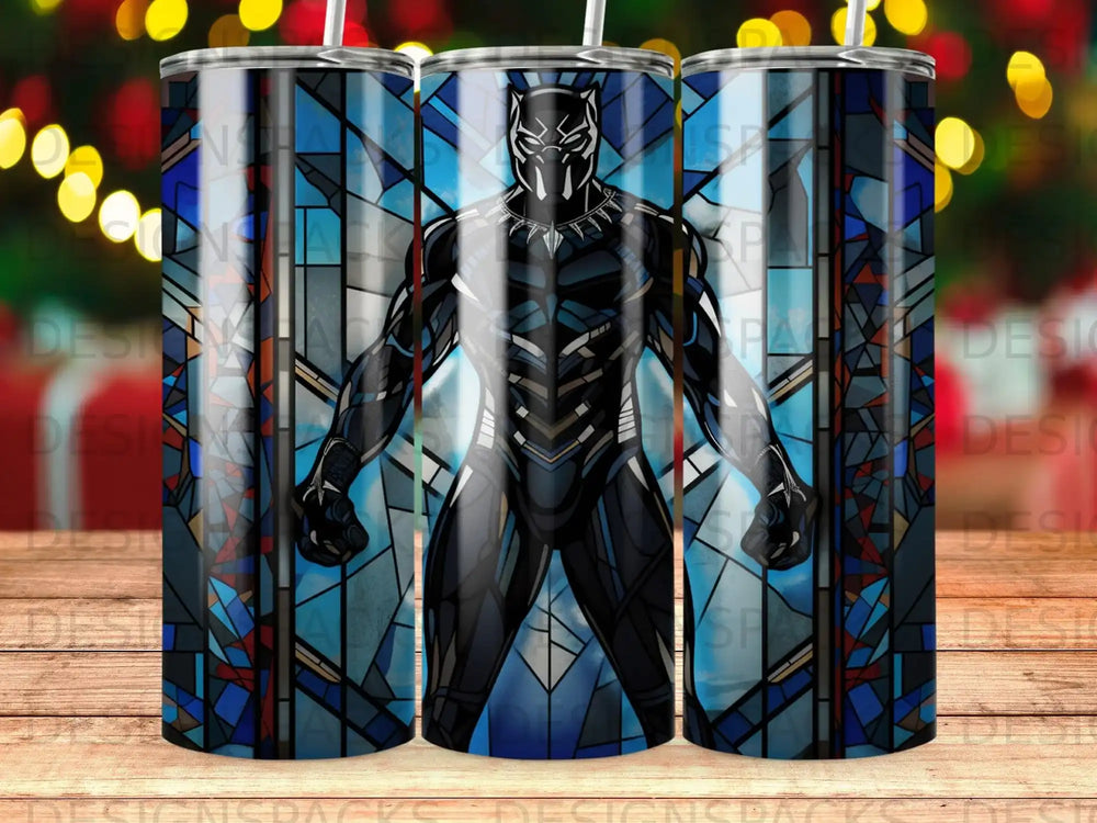 Black Panther character in front of a stained glass window pattern.