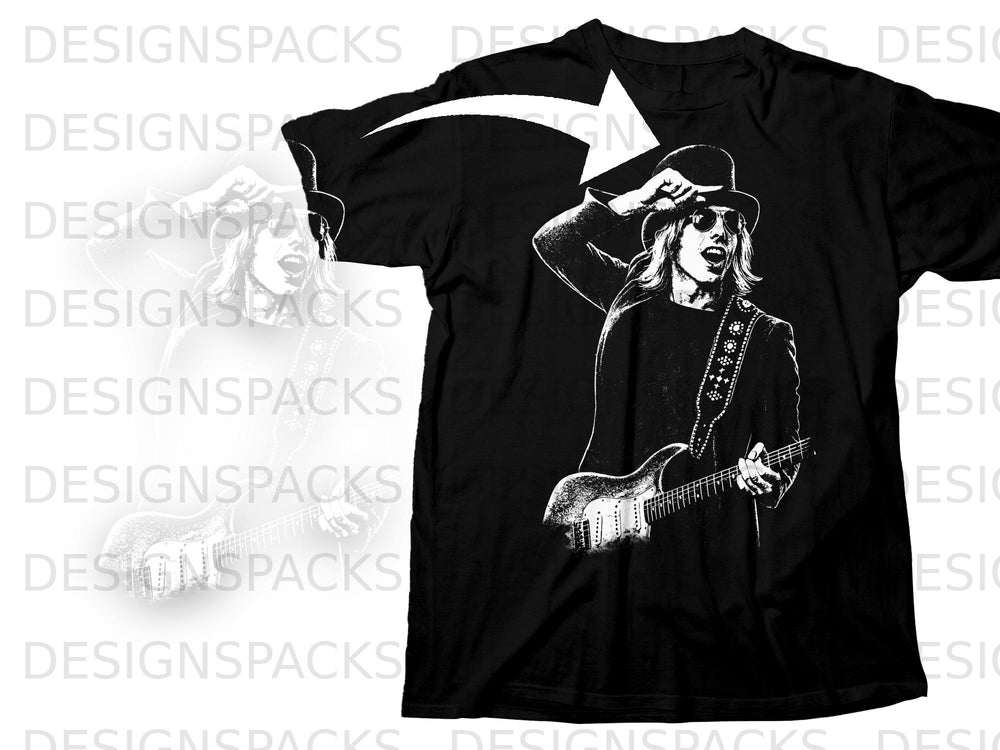 Black t-shirt with graphic of a man playing a guitar, wearing a hat and sunglasses.