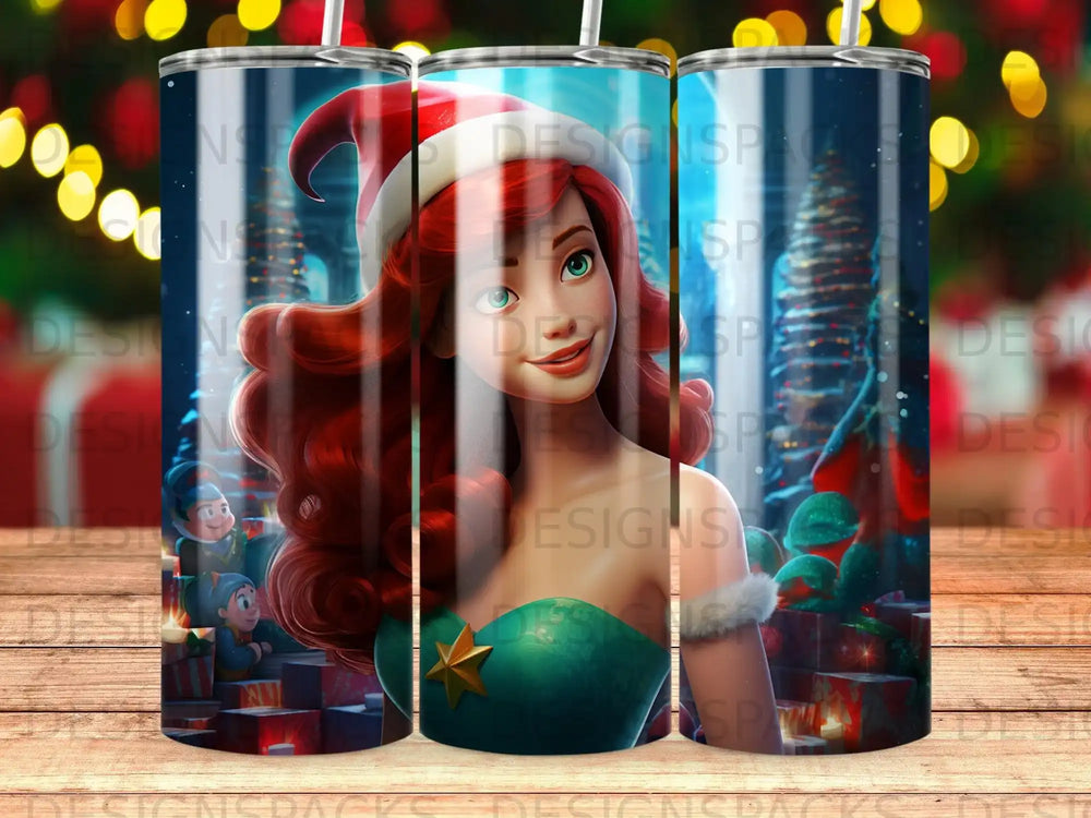 Ariel with a Santa hat, smiling, surrounded by Christmas gifts.