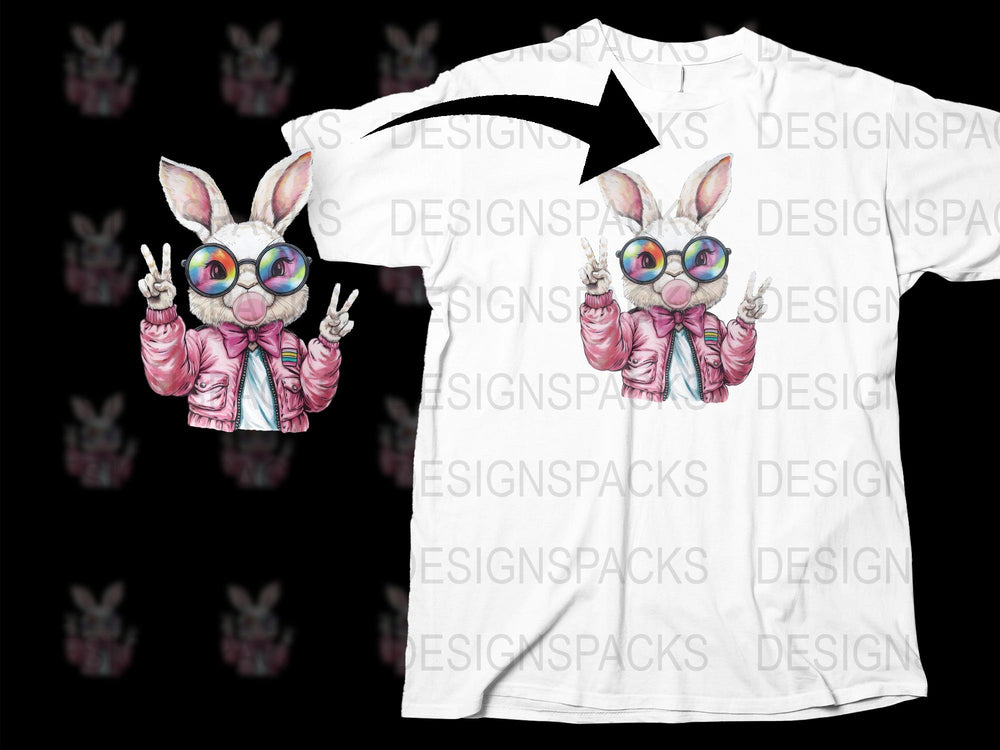Unique White T-Shirt with Colorful Bunny Design, Hipster Rabbit Graphic, Unisex Fashion Tee