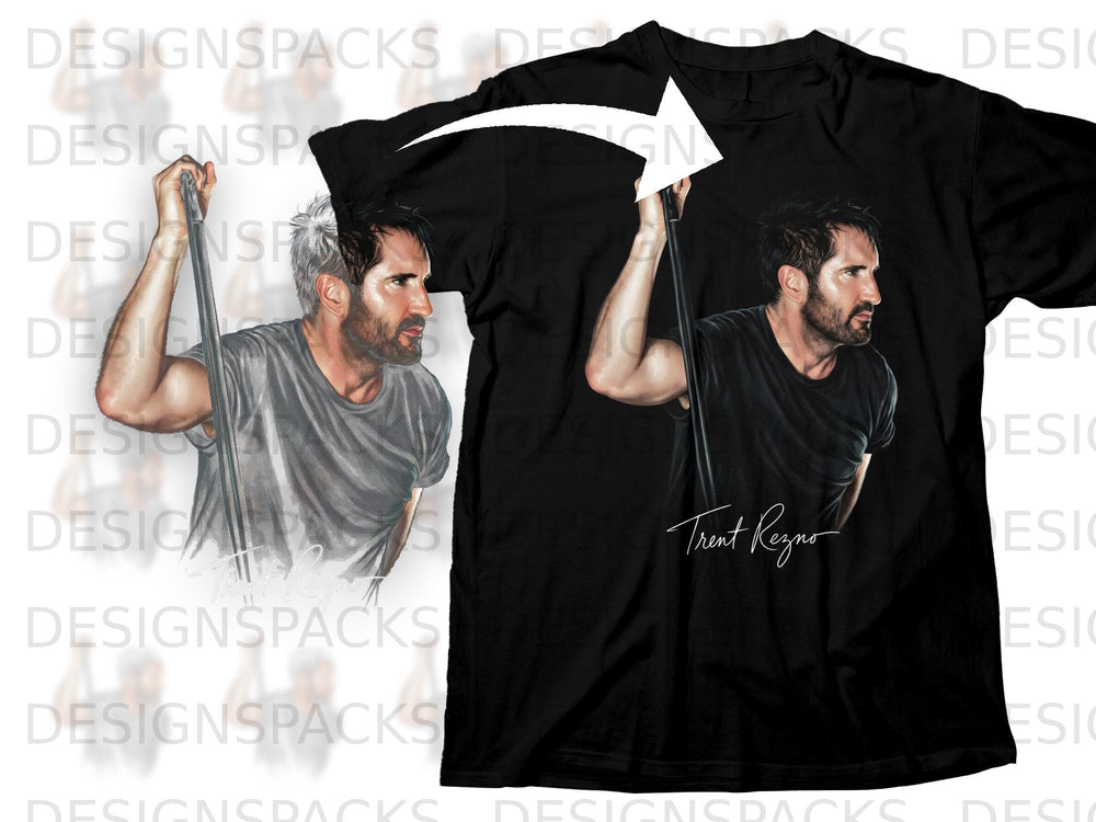 Black t-shirt featuring a portrait of Trent Reznor with his signature.