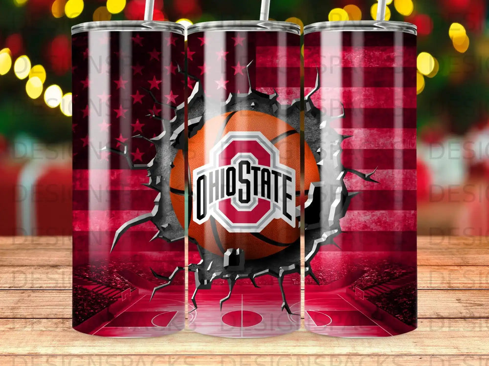 Ohio State Buckeyes basketball with cracked American flag and stadium background.