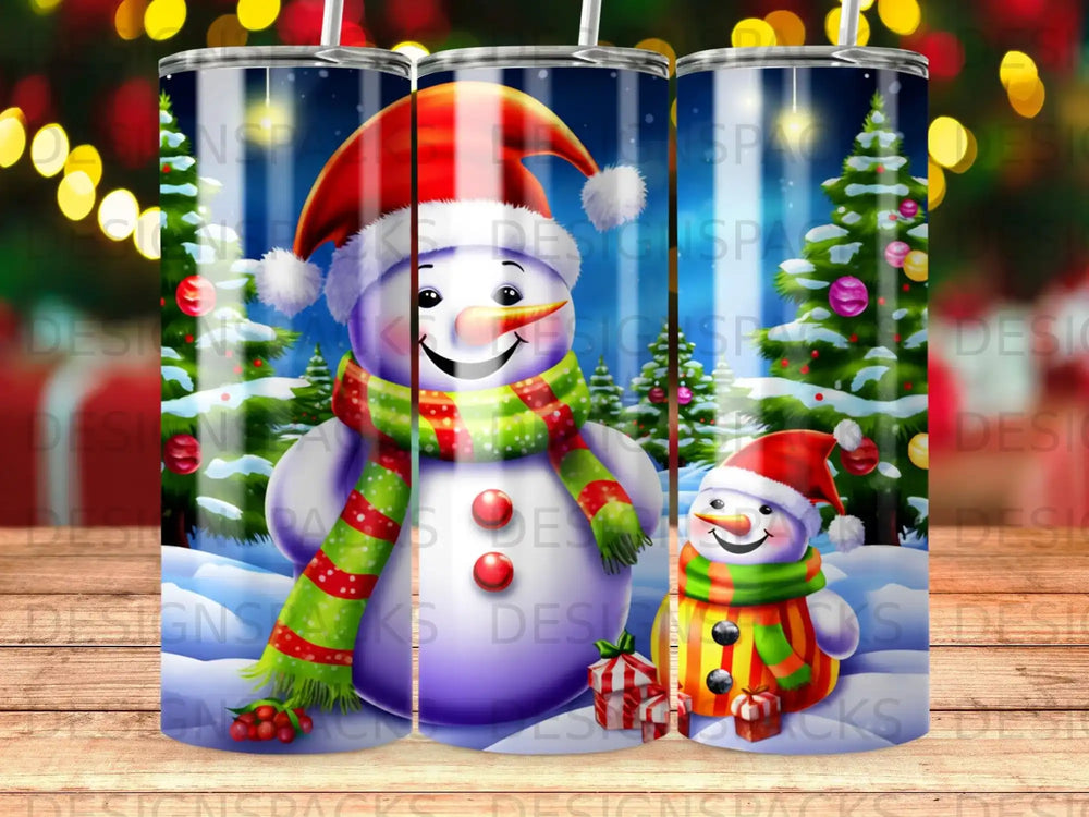 Snowmen in Santa hats with festive scarves, surrounded by decorated Christmas trees and gifts.