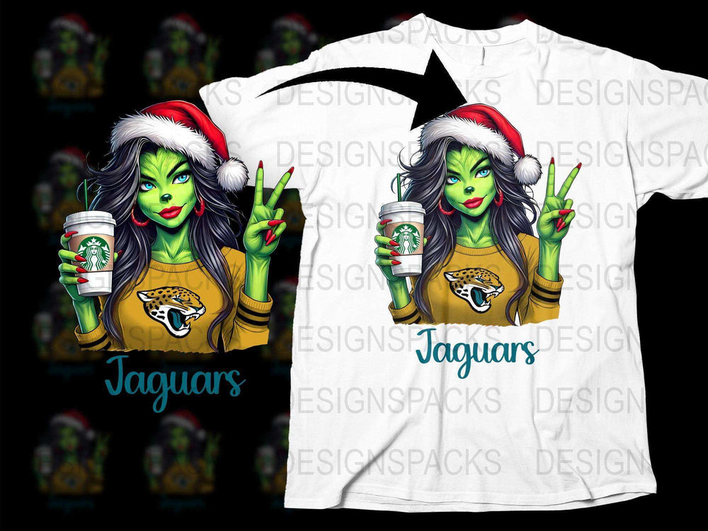 Fun Holiday T-Shirt, Football Fan Art, Jacksonville Jaguars Inspired, Festive Coffee Loving Character, Colorful Graphic Tee Design