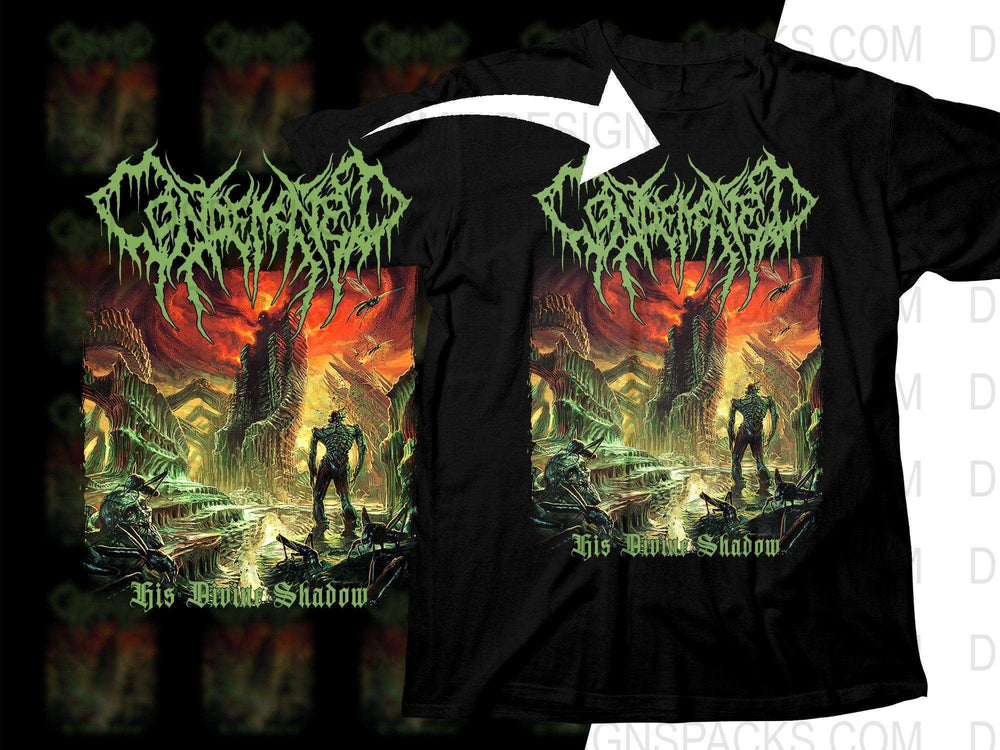 Black t-shirt with green and red fantasy artwork, featuring 'His Divine Shadow' text and monstrous figures.