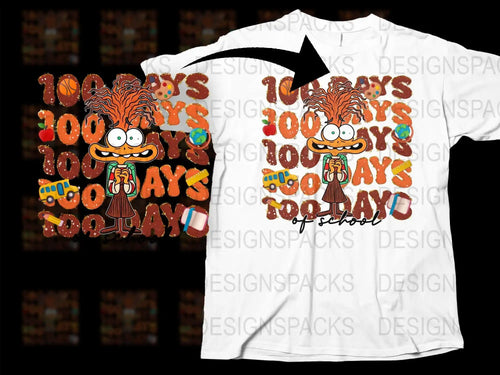 100 Days of School T-Shirt Design with Cartoon Character and School Icons