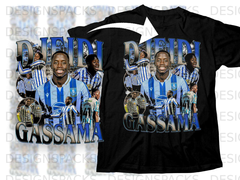 Collage of a soccer player named Gassama on a black t-shirt.