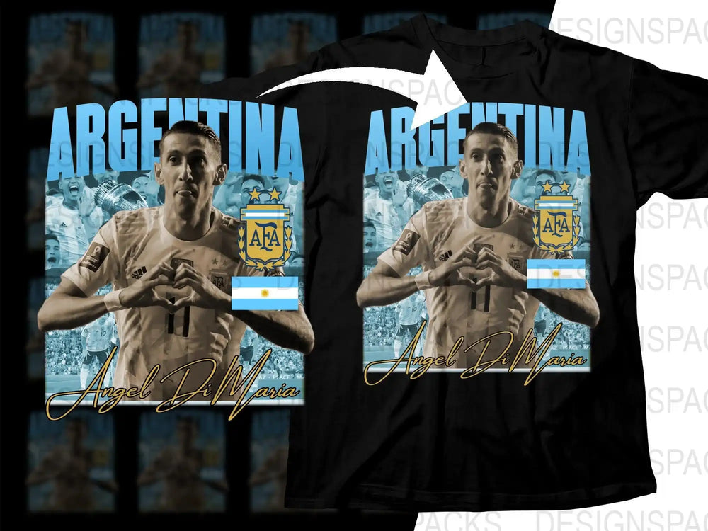 Angel Di Maria Argentina soccer t-shirt design with AFA crest, flag, and heart gesture, print-ready for DTG/DTF