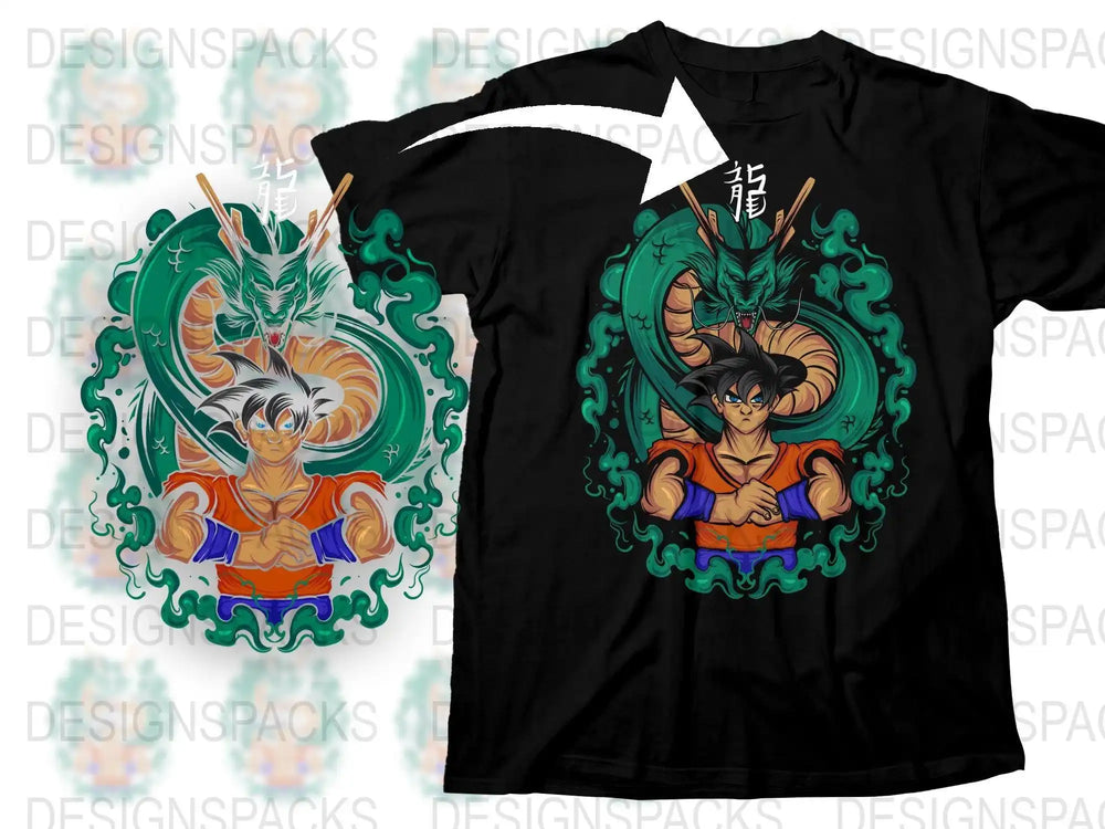 Goku and Shenron dragon t-shirt design, print-ready for DTG/DTF, anime graphic with green swirls and kanji