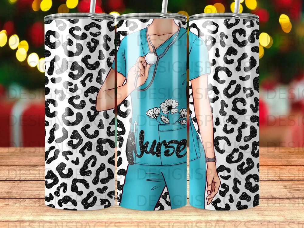Nurse in teal scrubs holding stethoscope, leopard print background.