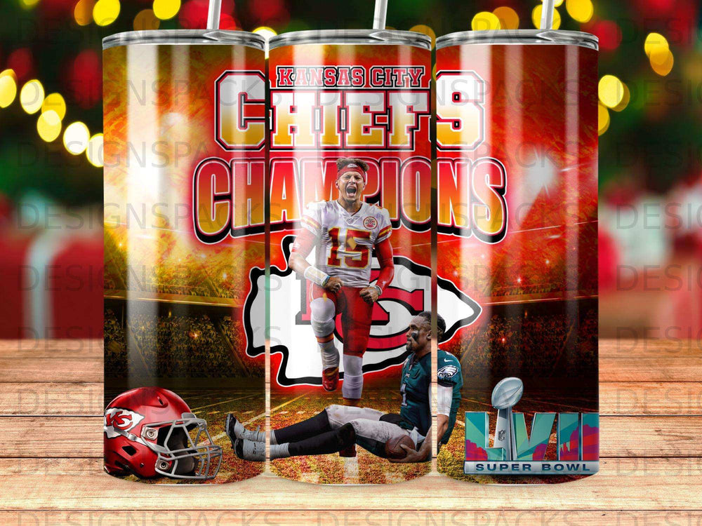 Kansas City Chiefs Champions Super Bowl LVII themed tumbler with football imagery.