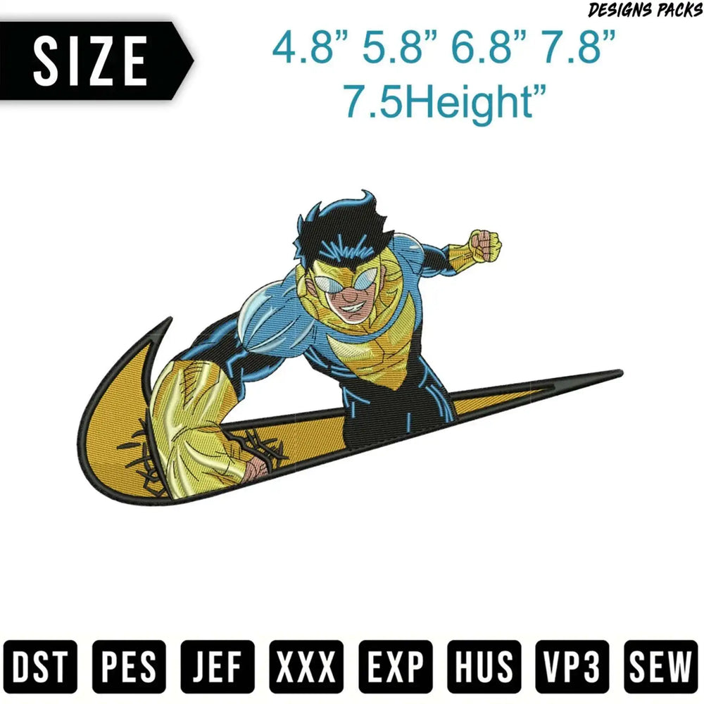 Invincible character emerging from a Nike swoosh, sizes and file formats listed.