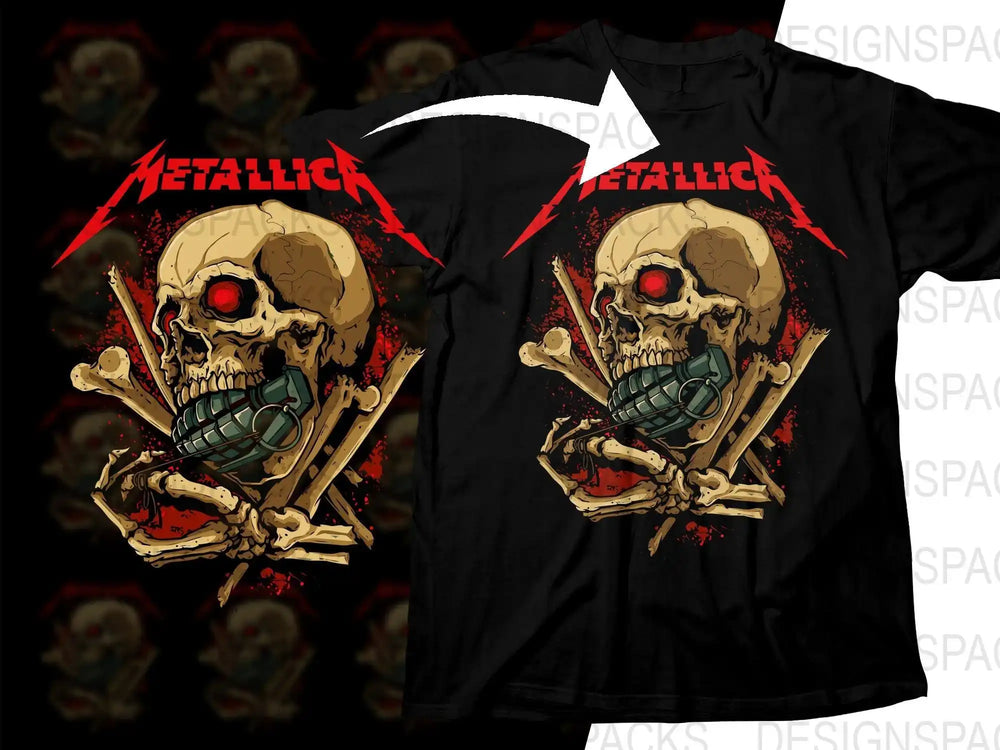 Metallica skull design t-shirt with red eyes and grenade, print-ready for DTG/DTF