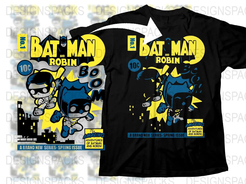 Batman and Robin comic book design on black t-shirt, vintage superhero graphic print for DTG/DTF