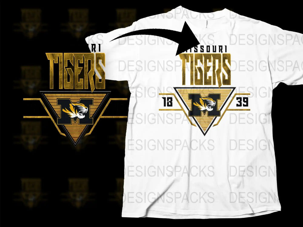 Missouri Tigers 1839 t-shirt design with bold gold and black tiger logo, print-ready for DTG or DTF.