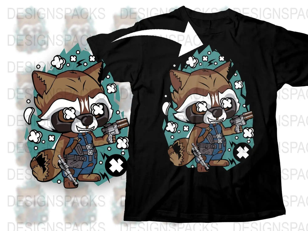 Cute chibi raccoon with guns, blue vest, and X eyes on black t-shirt. Print-ready DTF/DTG design.