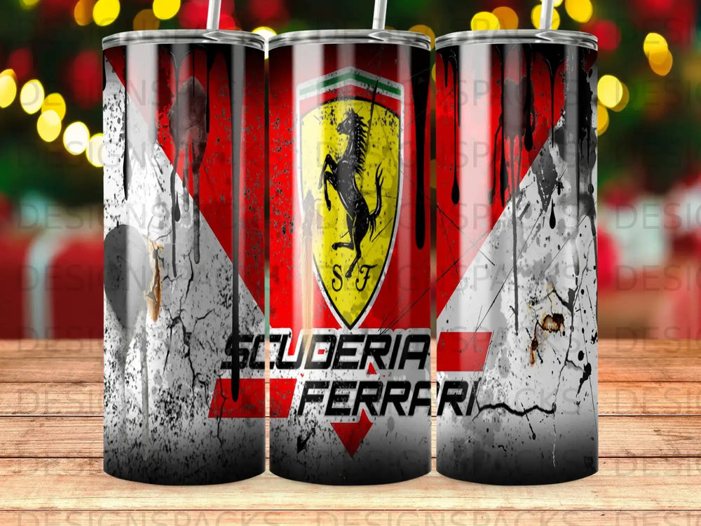 Scuderia Ferrari logo with black and red splattered paint on a cylindrical tumbler.