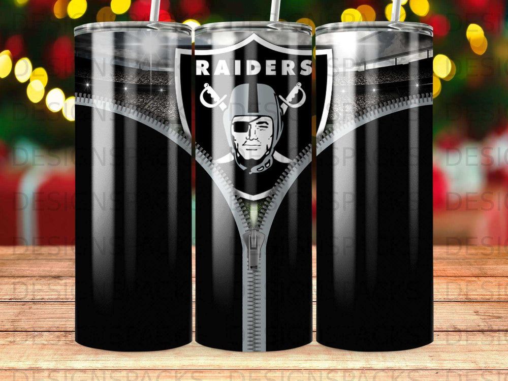 Black tumbler with Raiders logo and stadium background.