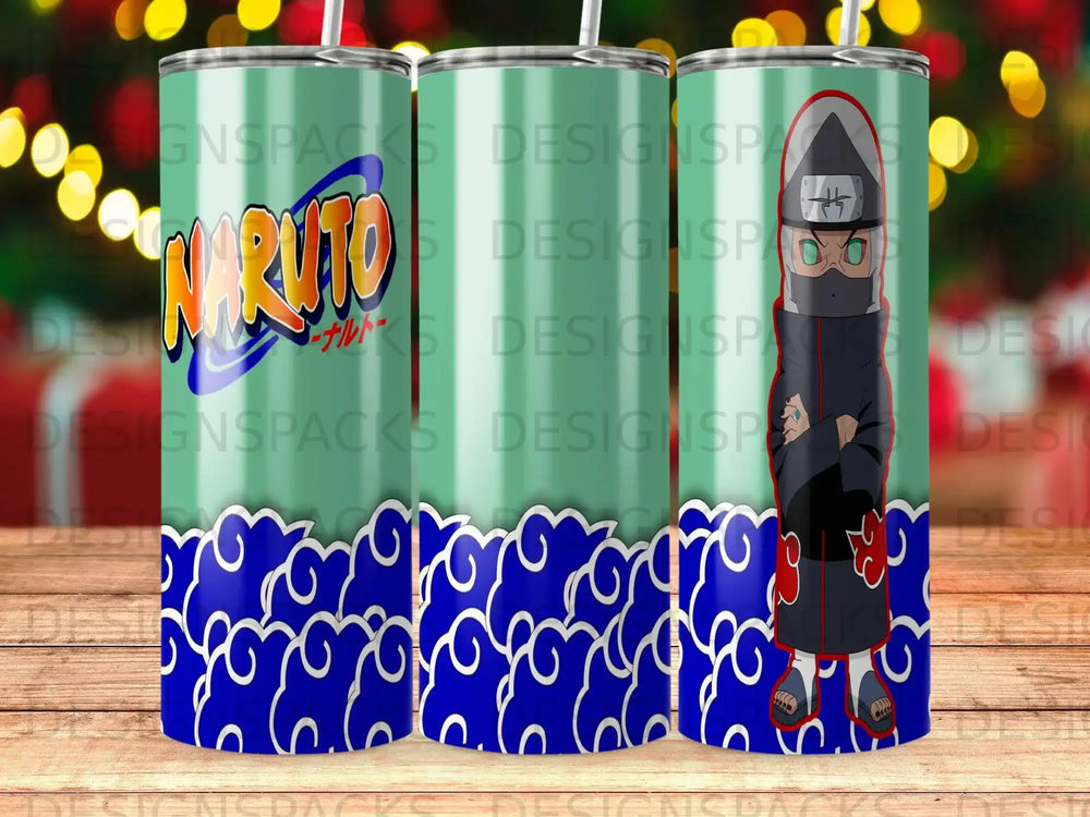 Naruto Shippuden tumbler with Konoha cloud pattern and characters.