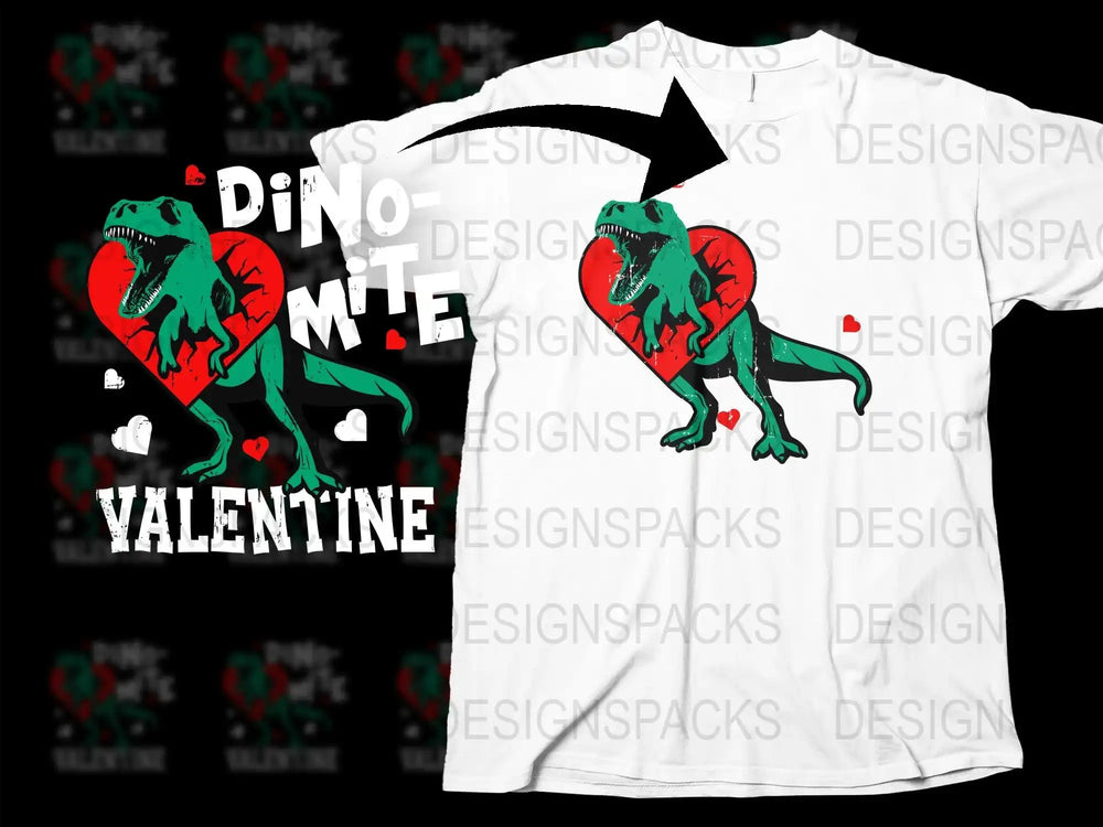Dino-mite Valentine T-shirt design with green dinosaur and red heart for print-ready DTG/DTF