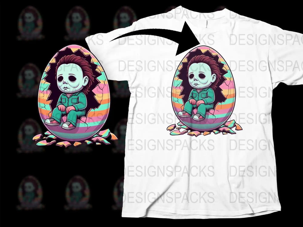 Cute Michael Myers in cracked Easter egg design on white t-shirt, print-ready graphic