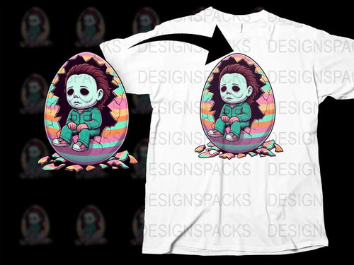 Cute Michael Myers in cracked Easter egg design on white t-shirt, print-ready graphic