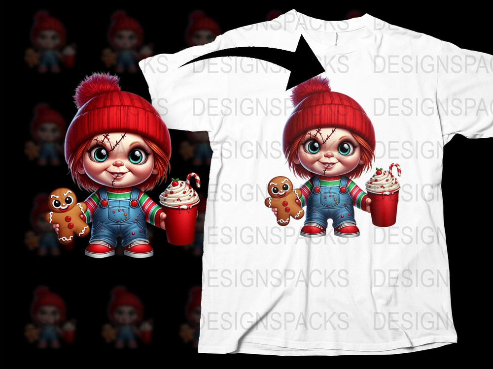 Cute Winter Doll Graphic T-Shirt, Girls' Red Beanie and Overalls, Holiday Gift, Festive Kids Clothing, Unique Christmas Tee Design