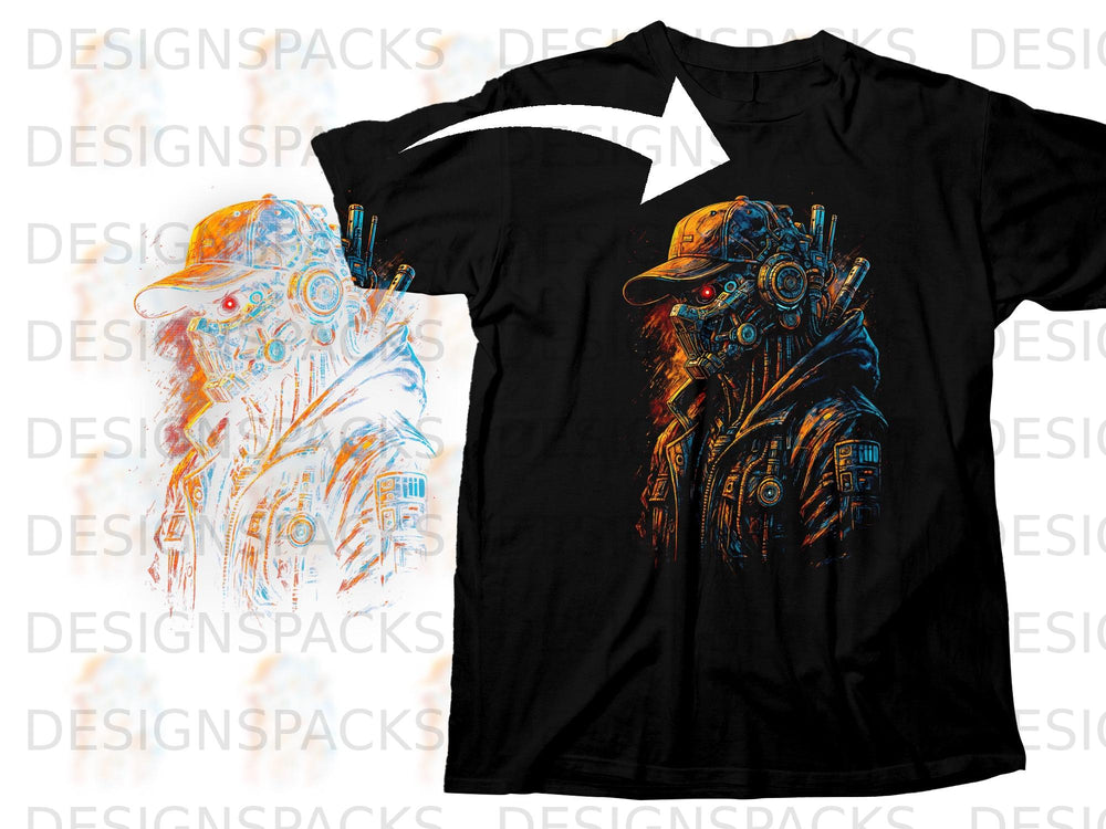 Black t-shirt with a colorful graphic of a cyborg wearing a baseball cap.