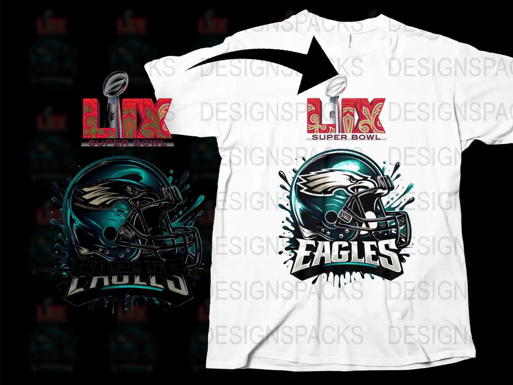 Eagles Super Bowl LIX t-shirt design with helmet graphic and vibrant colors
