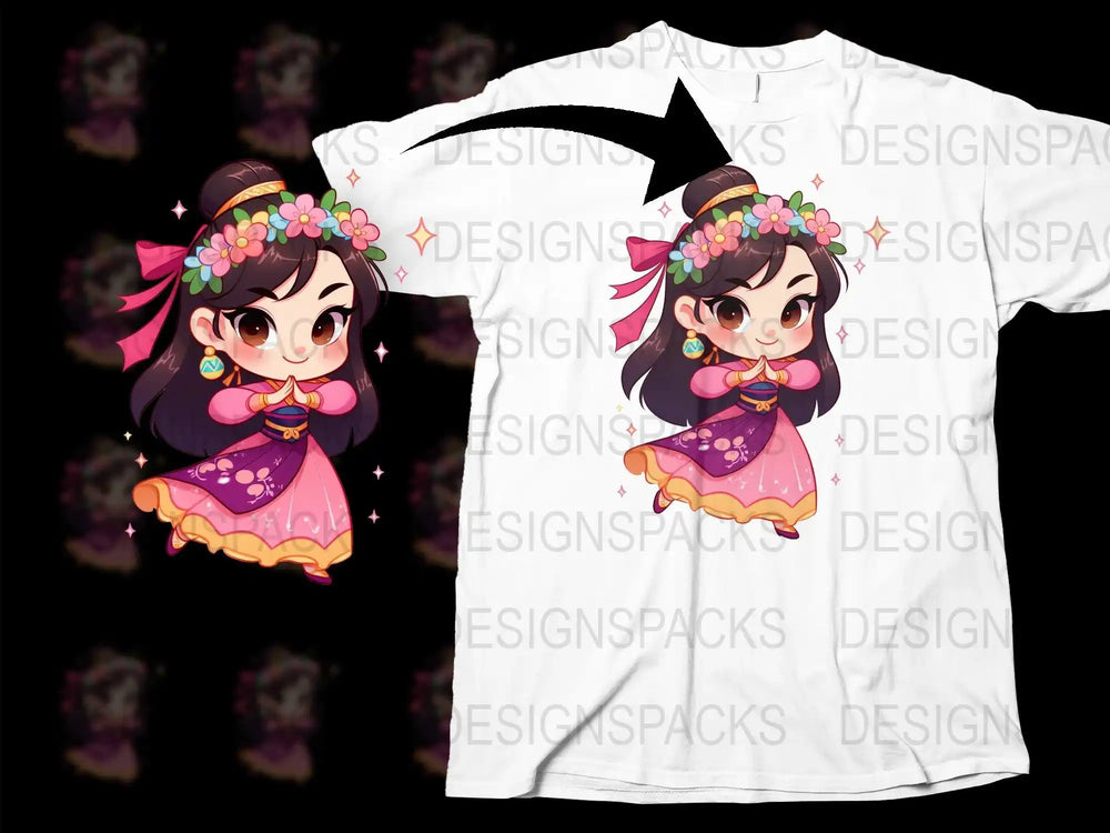 Charming anime girl with floral crown on white t-shirt, perfect for DTG/DTF printing designs.