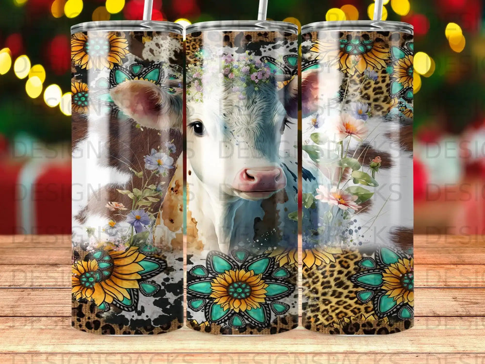 Cow with sunflowers and leopard print on a tumbler.