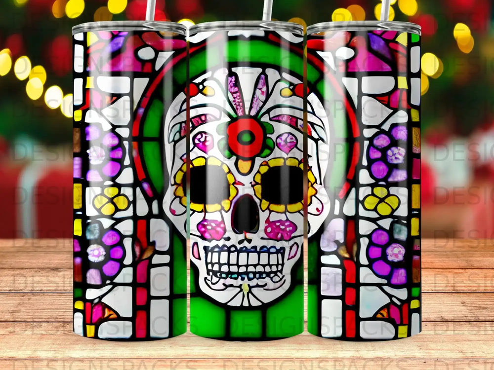 Sugar skull stained glass tumbler design with colorful floral accents.