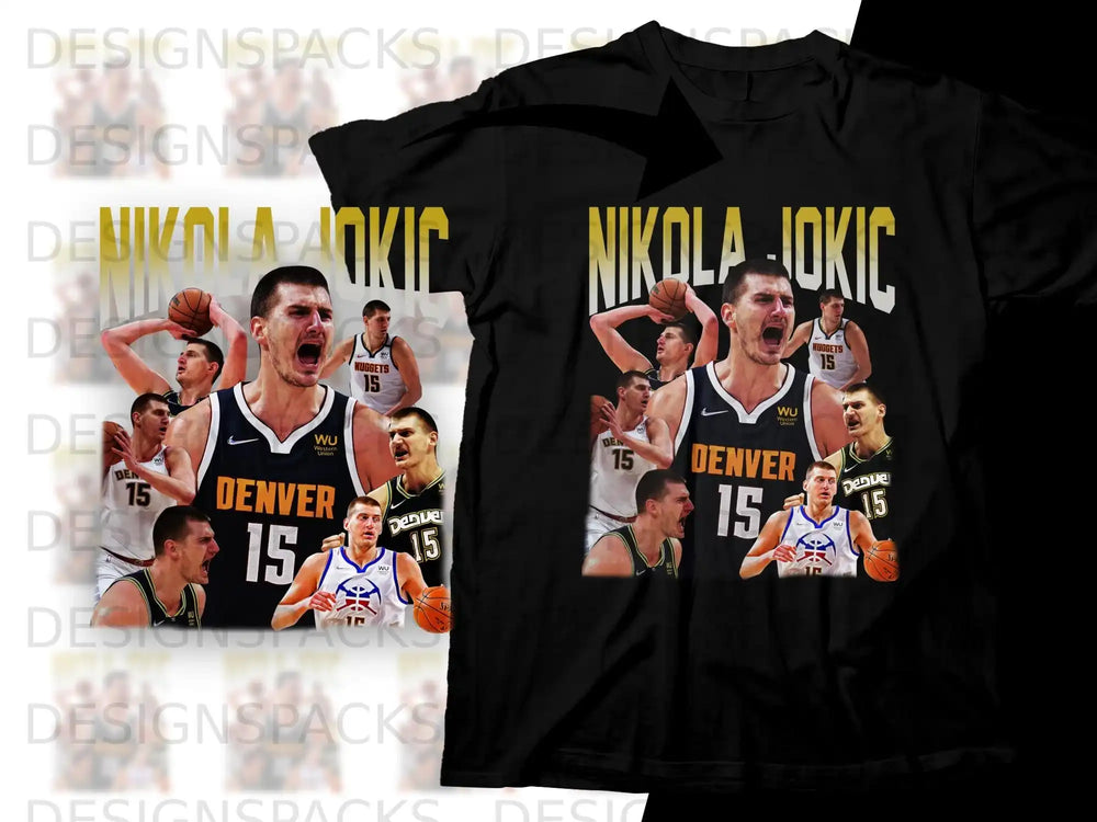 Denver Nuggets Nikola Jokic t-shirt with player collage and team logos.