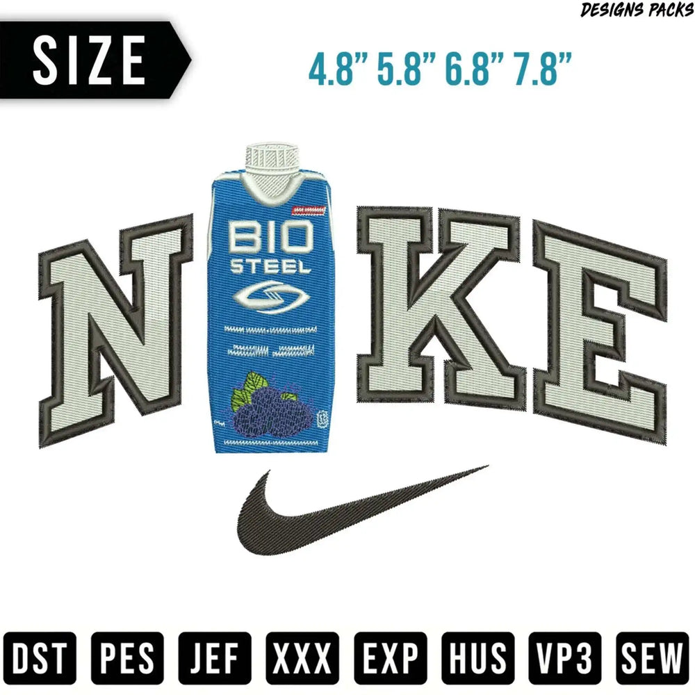 Nike logo with "Bio Steel" drink bottle and embroidery file types.